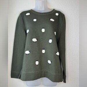 Talbots Sheep Patchwork Sweatshirt Pullover Size L Olive Green Fleece Crewneck